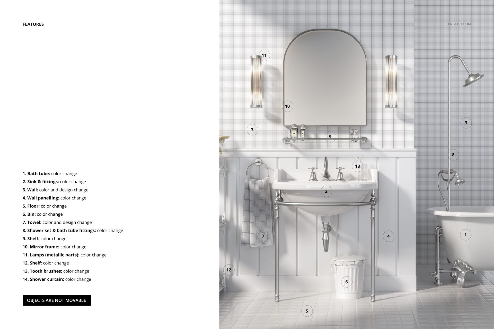 Traditional style bathroom mockup showing a white bathtub, sink, and toilet against tiled walls with chrome fixtures.