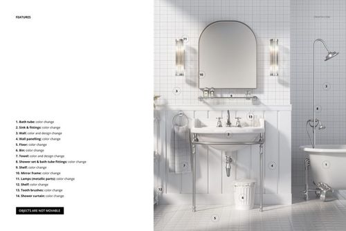 Traditional style bathroom mockup showing a white bathtub, sink, and toilet against tiled walls with chrome fixtures.