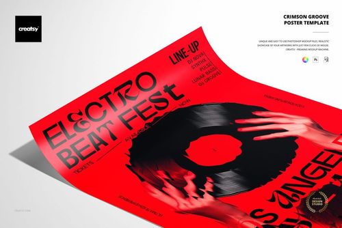 Red poster mockup with prominent black typography and vinyl record illustration, shown from an angled perspective.