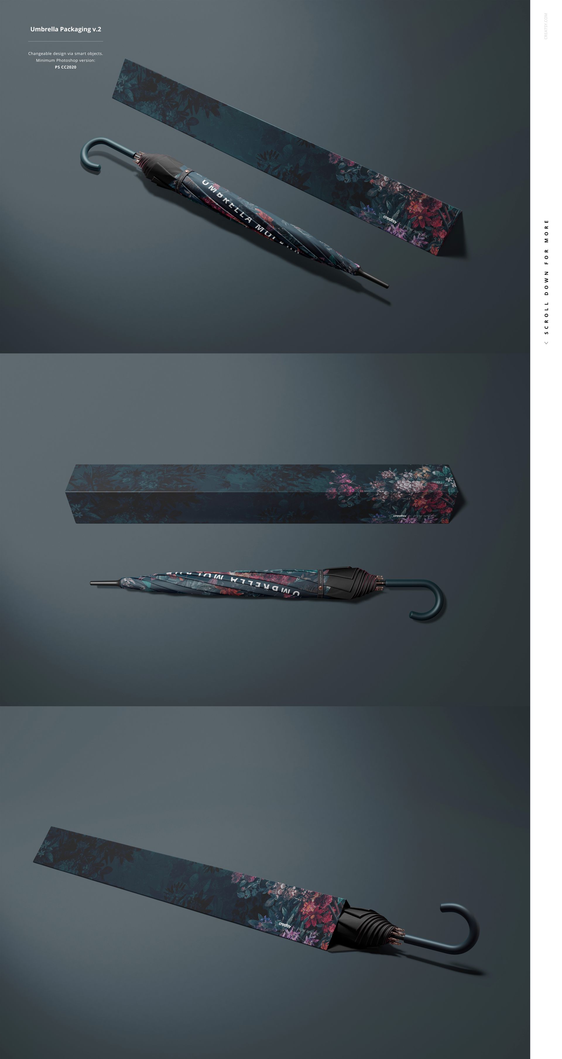 Umbrella mockup featuring a closed umbrella with dark floral design and coordinating box, viewed from above.