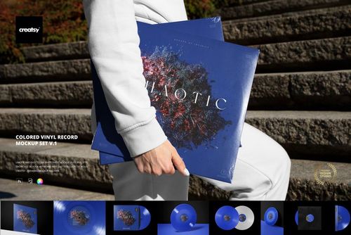Colored vinyl record mockup set featuring blue album covers with splattered paint patterns, shown outdoors in daylight.