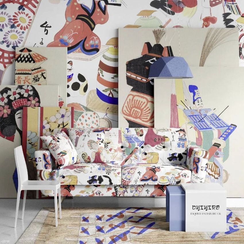 Modern sofa mockup featuring a sofa, pillows, and wall decorated with a colorful luxury pattern and abstract illustrations.