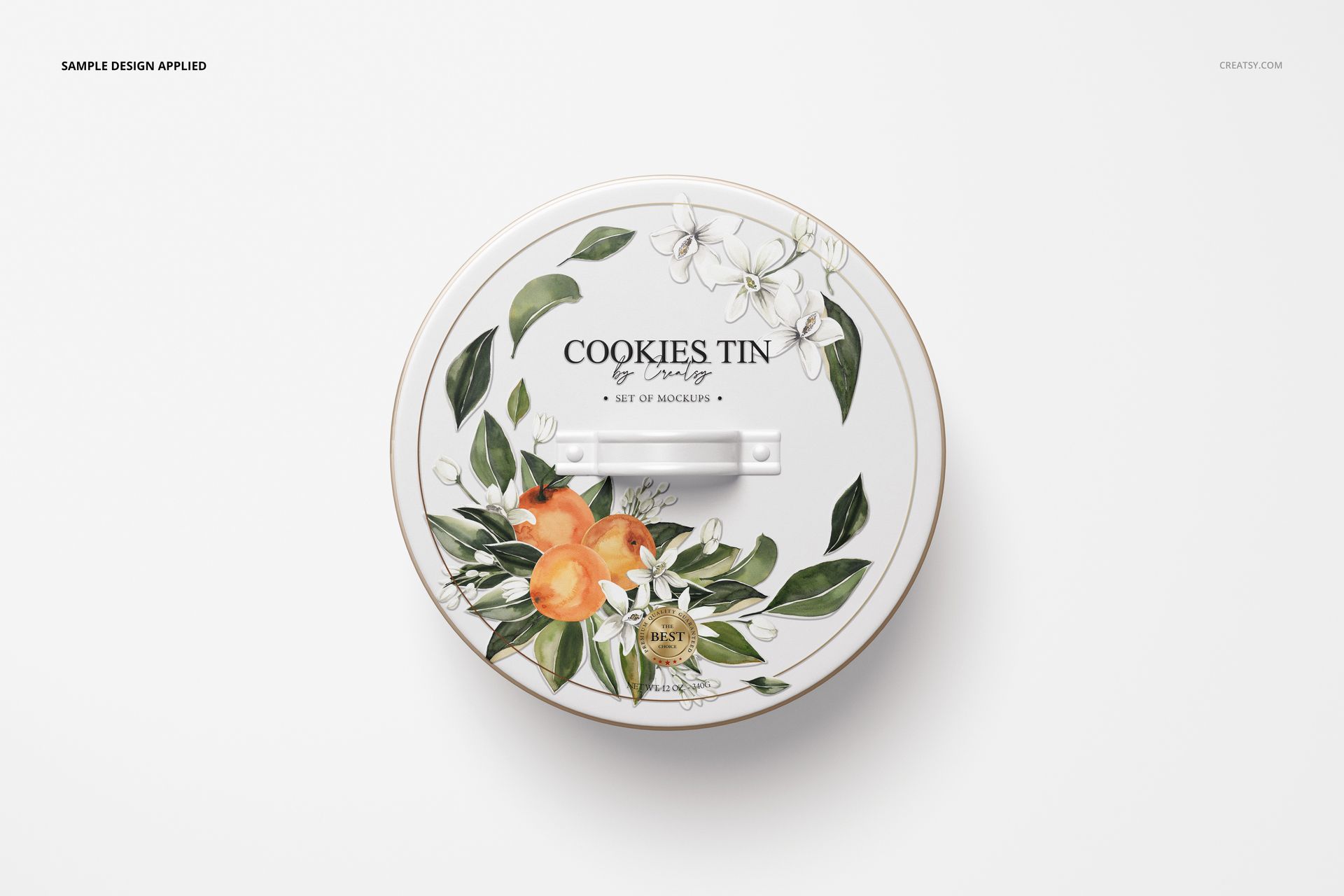 Top view of a round cookie tin mockup featuring orange fruits and green leaves on a white lid.