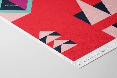 Close-up view of a fine art print mockup on textured Hahnemühle Albrecht Dürer paper with geometric shapes in red, pink, and dark blue.
