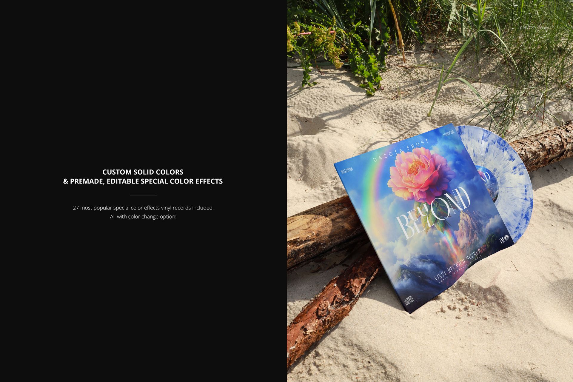 PSD mockup of a vinyl record album featuring a vibrant flower design, placed on a wild sandy beach with greenery.