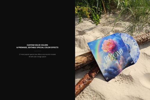 PSD mockup of a vinyl record album featuring a vibrant flower design, placed on a wild sandy beach with greenery.