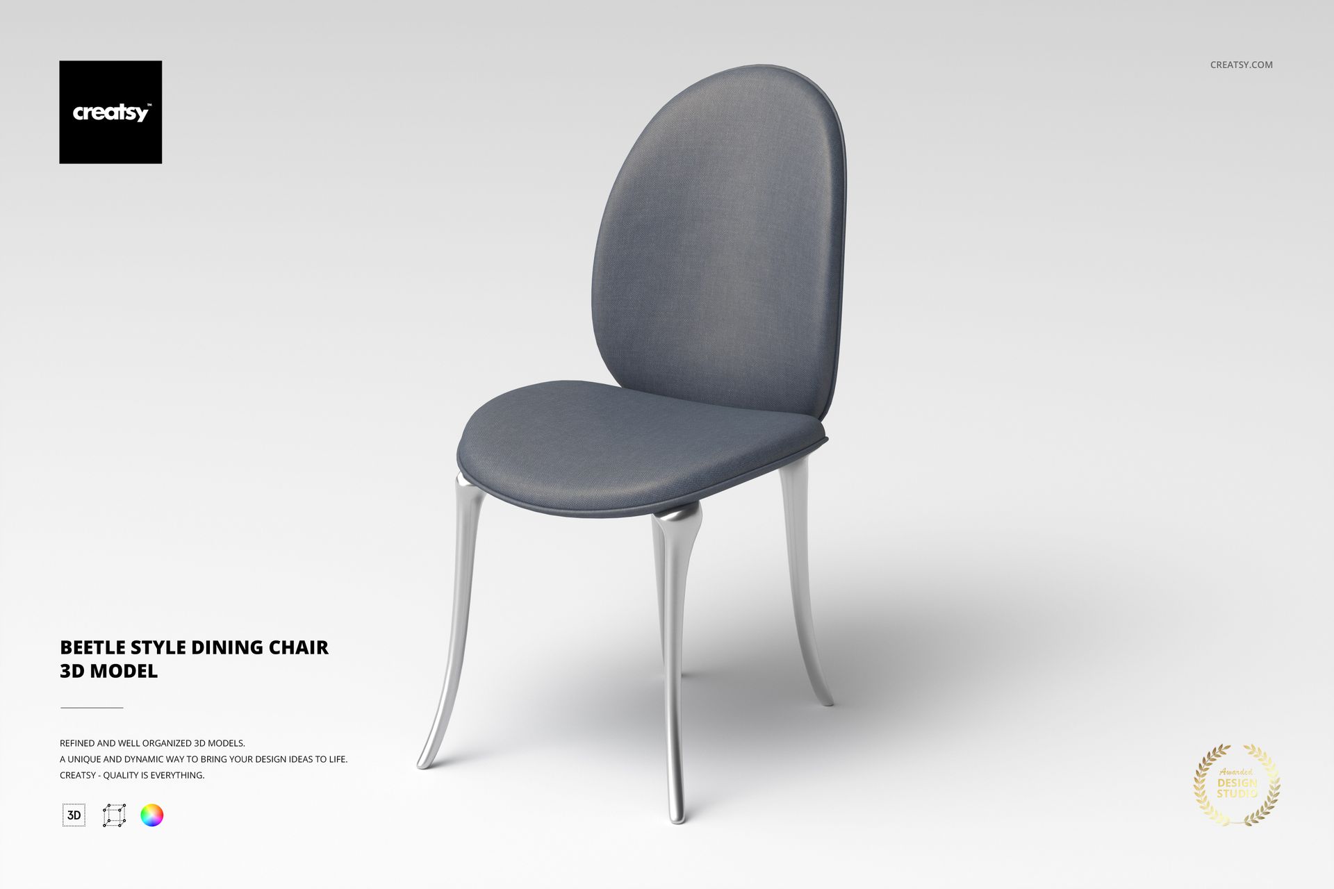 Front view of a modern beetle style dining chair with a rounded backrest and gray upholstered seat on silver legs, displayed on a plain light background.