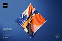 Front view of a square silk scarf mockup featuring bold geometric and leaf shapes in orange, blue, and beige tones.