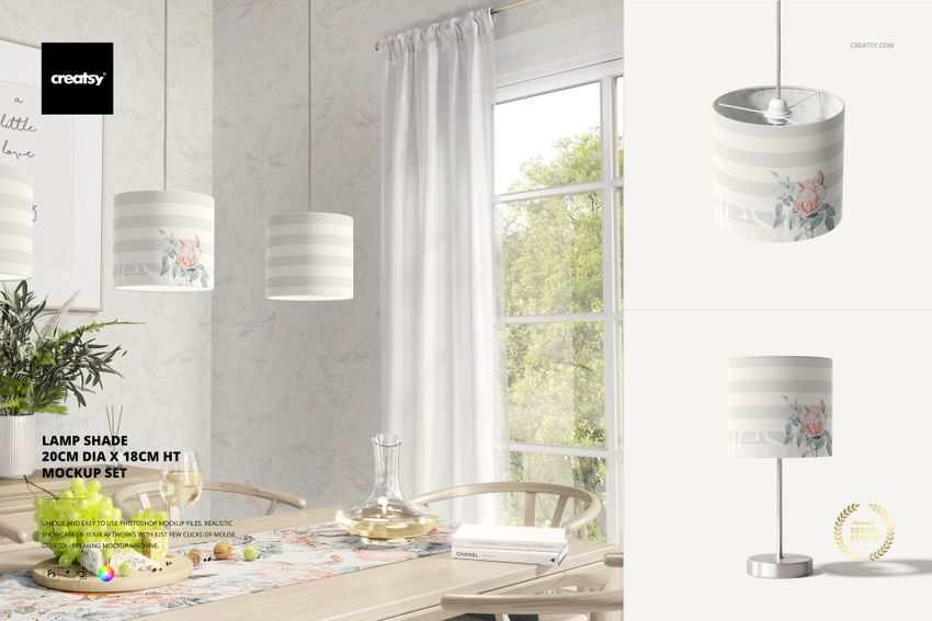 Lamp shade mockup with a cylindrical shape, featuring soft gray stripes and floral accents, shown in a bright dining room.