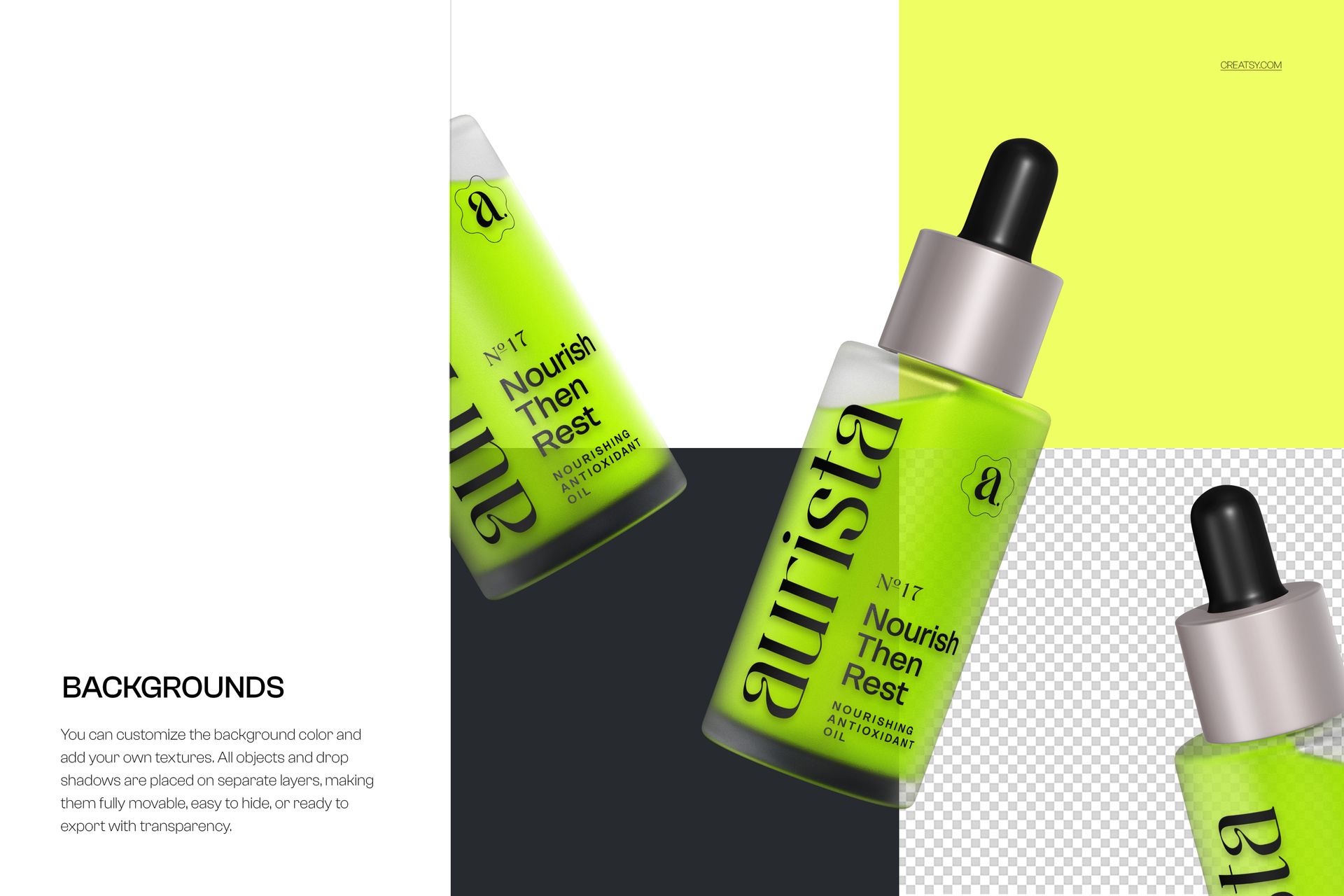 Front view of three floating dropper bottles with green labels, black caps, and customizable backgrounds in a PSD mockup.