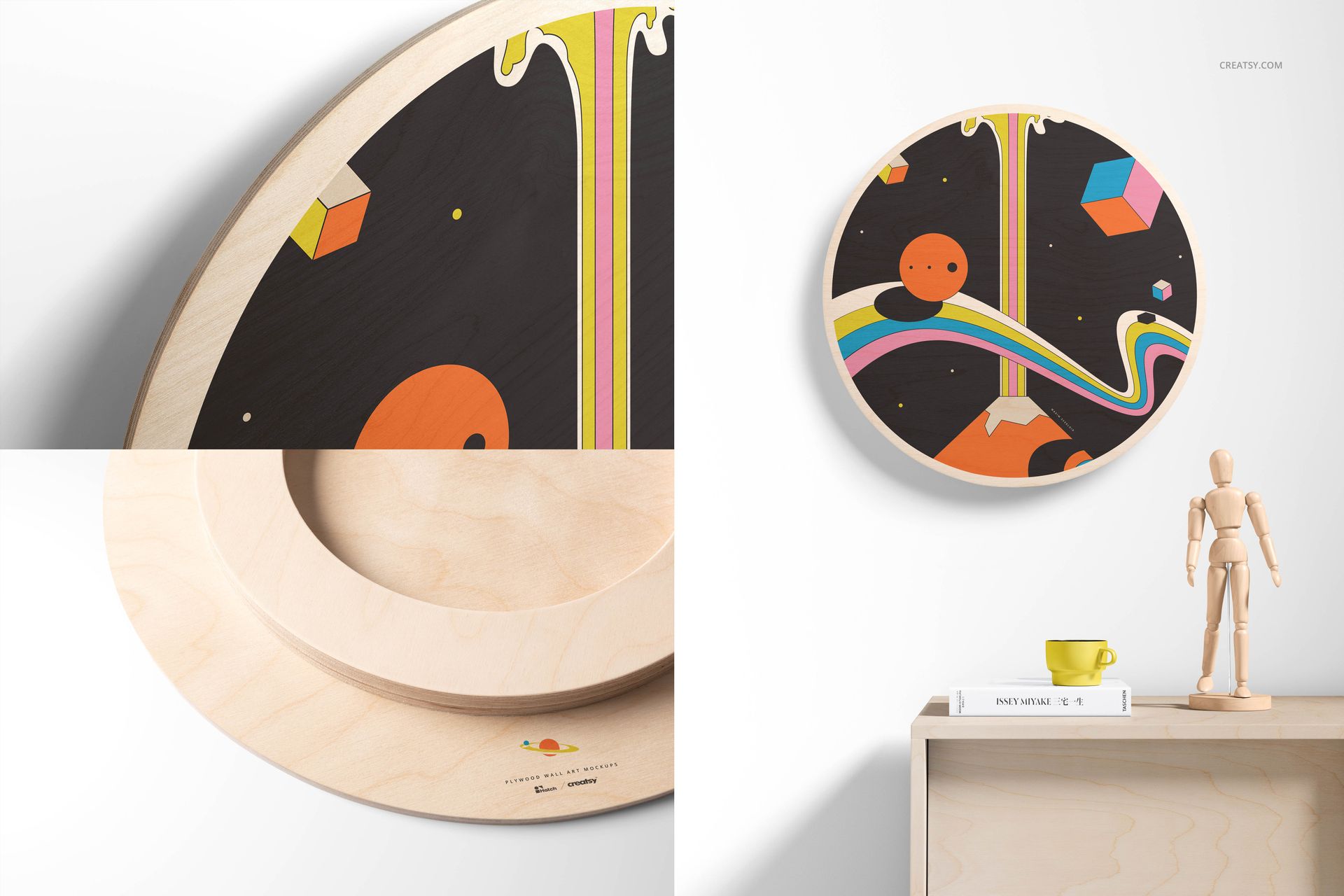 Round plywood wall art mockup with colorful abstract design, shown in close-up and front view on a white wall.