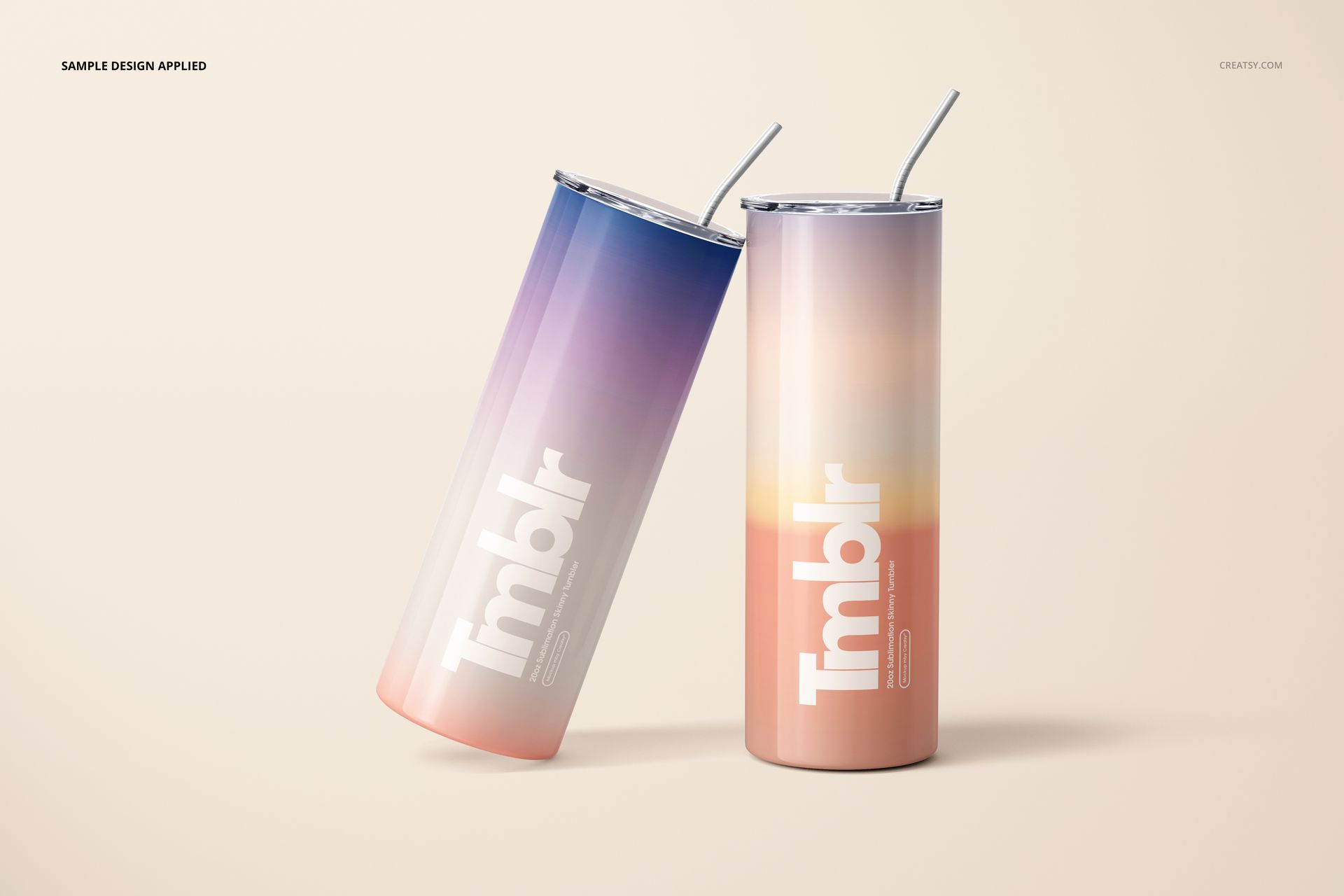 Two 20oz skinny tumblers with metal straws, featuring gradient pastel designs, displayed on a light background.