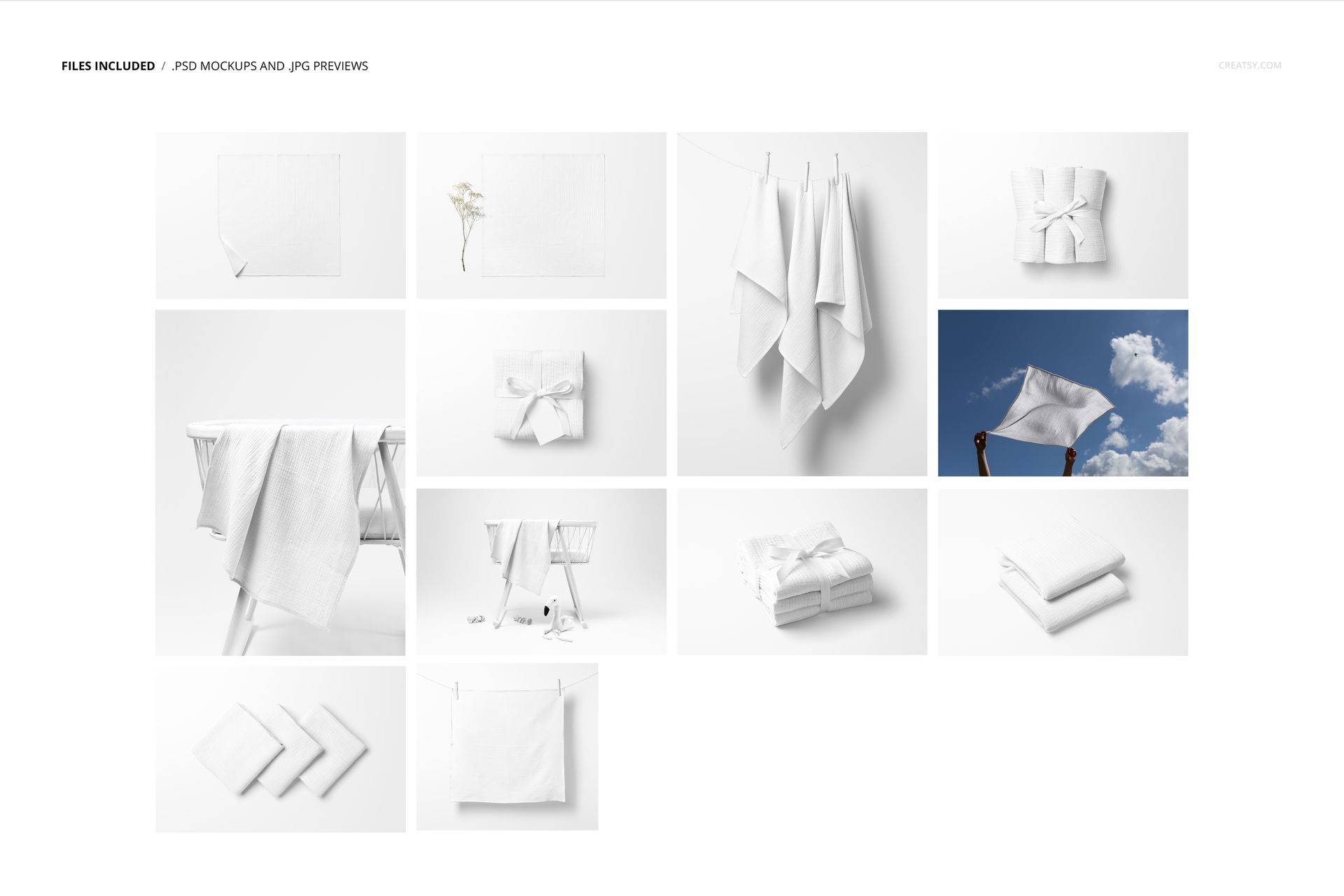 Set of crinkle muslin swaddle blanket mockups in various arrangements, featuring soft white fabric and minimal props.