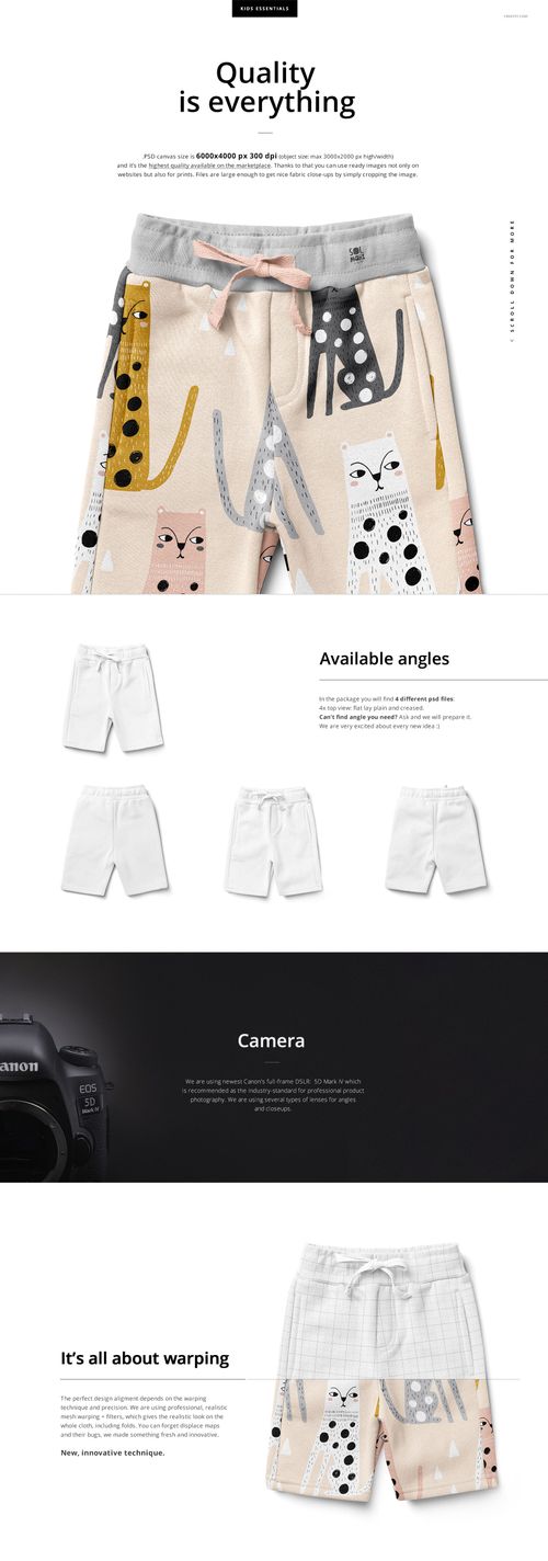 Kids fleece shorts mockup featuring playful cat patterns in pastel colors, shown from a front view on a white background.