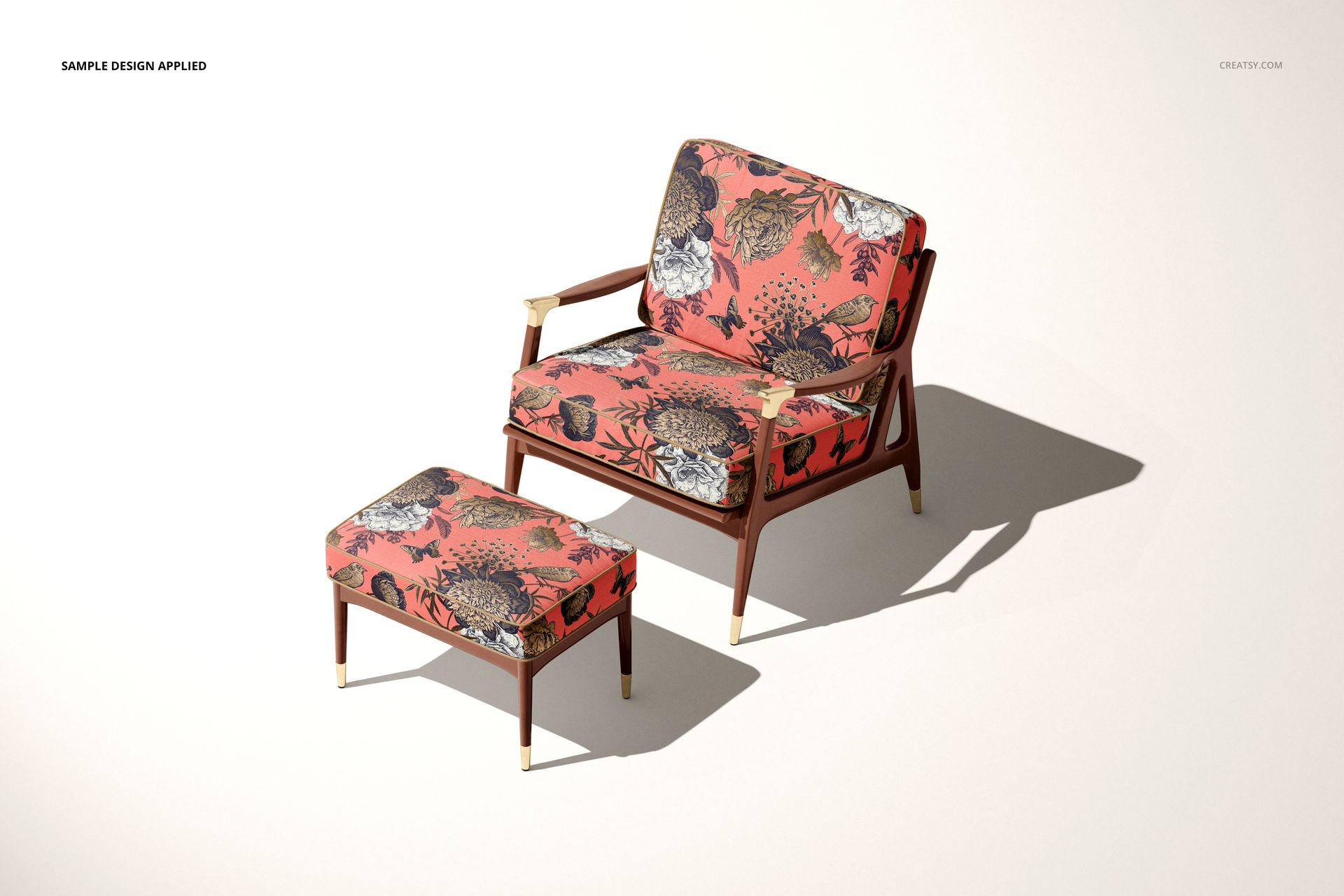 Lounge chair and ottoman mockup set featuring coral upholstery and bold floral designs, shown on a light background.