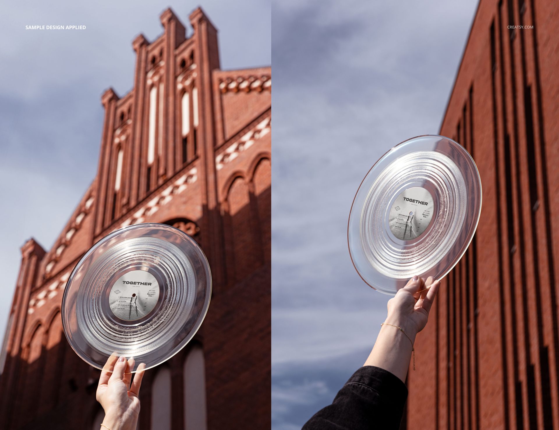 Clear vinyl record mockup shown outdoors, held up against a historic red brick building with blue sky background.