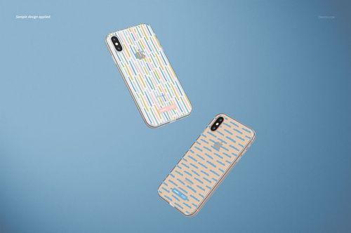 Floating iPhone XS clear cases featuring vertical and diagonal pastel stripes on a blue gradient backdrop, mockup style.