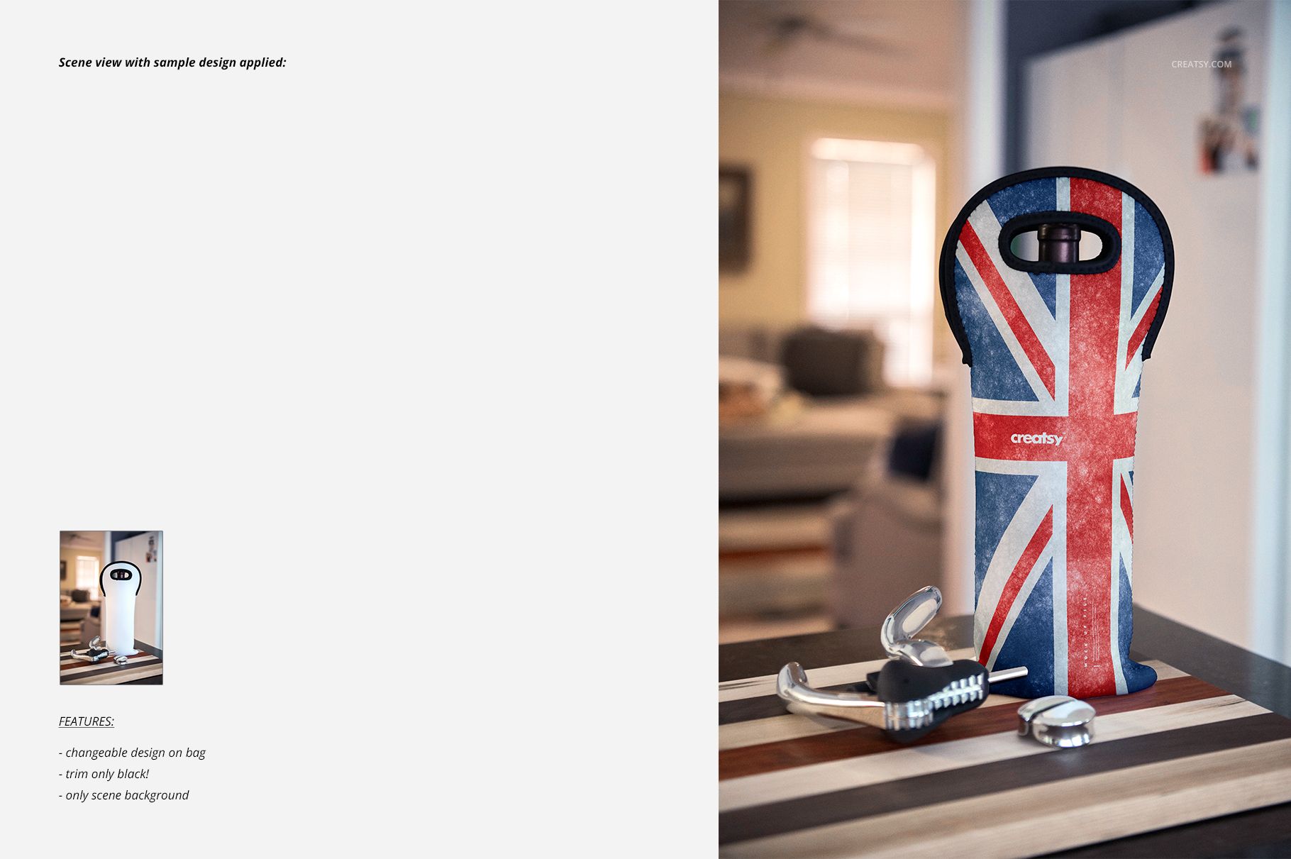 Front view of a wine bag mockup featuring a British flag design, placed on a wooden surface with corkscrew props.