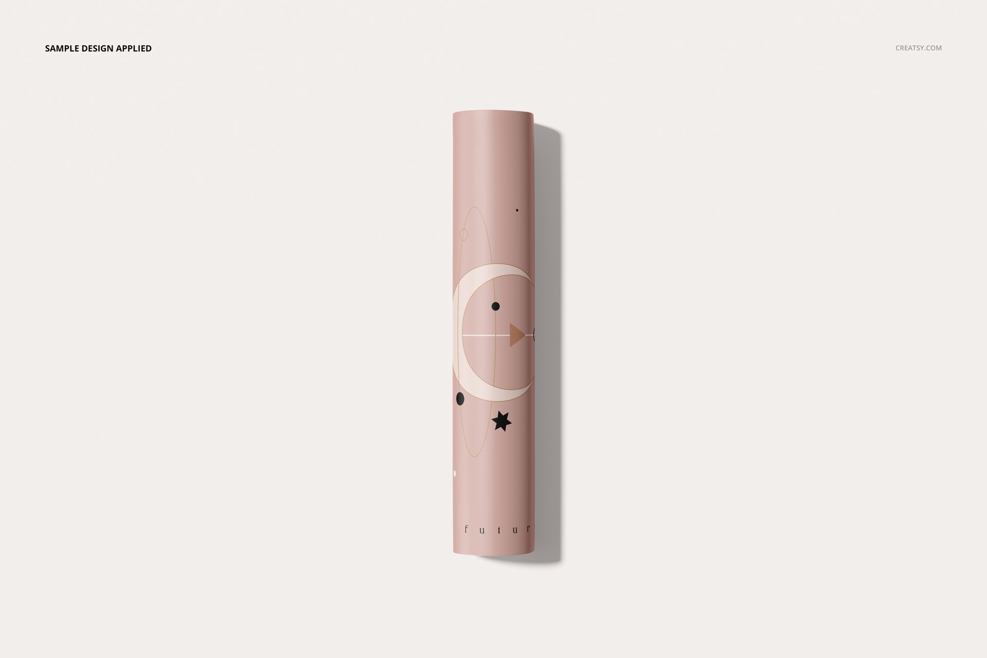 Rolled PU leather yoga mat mockup in soft pink with abstract moon and star pattern, top view on white background.