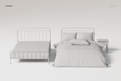 Front view of a metal slatted headboard bed with grid-patterned bedding and pillows, next to a small nightstand.