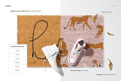 Mockup of coir door mats in different sizes, featuring a pink sneaker, illustrated cheetahs, and autumn leaves on a white background.