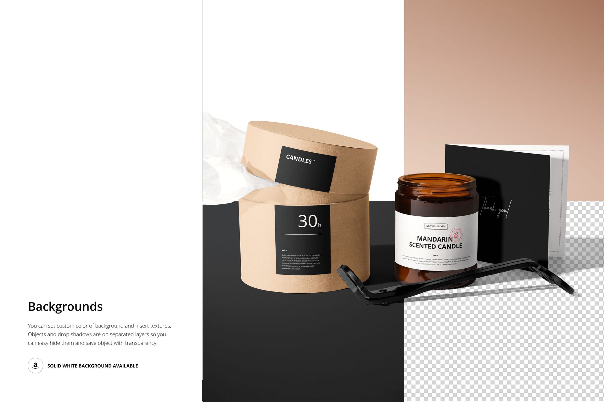 Amber jar candle with white label displayed next to a round kraft packaging box, shown in a PSD mockup scene.