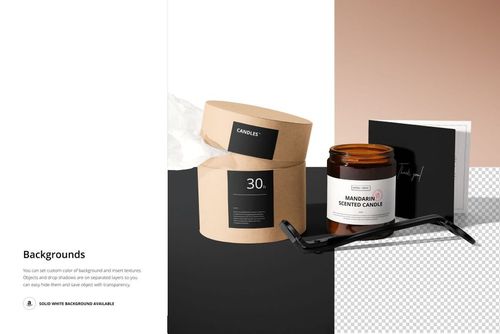 Amber jar candle with white label displayed next to a round kraft packaging box, shown in a PSD mockup scene.