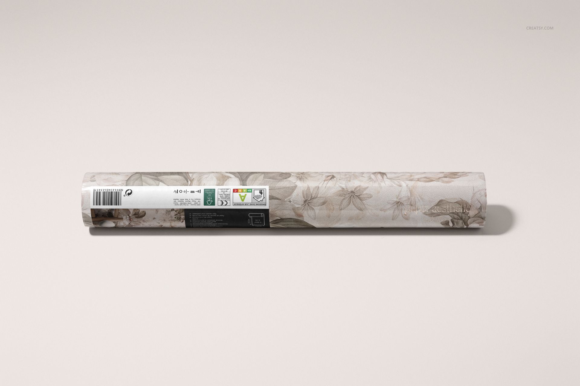 Rolled wallpaper mockup with delicate botanical design, shown on a neutral background from a straight-on perspective.