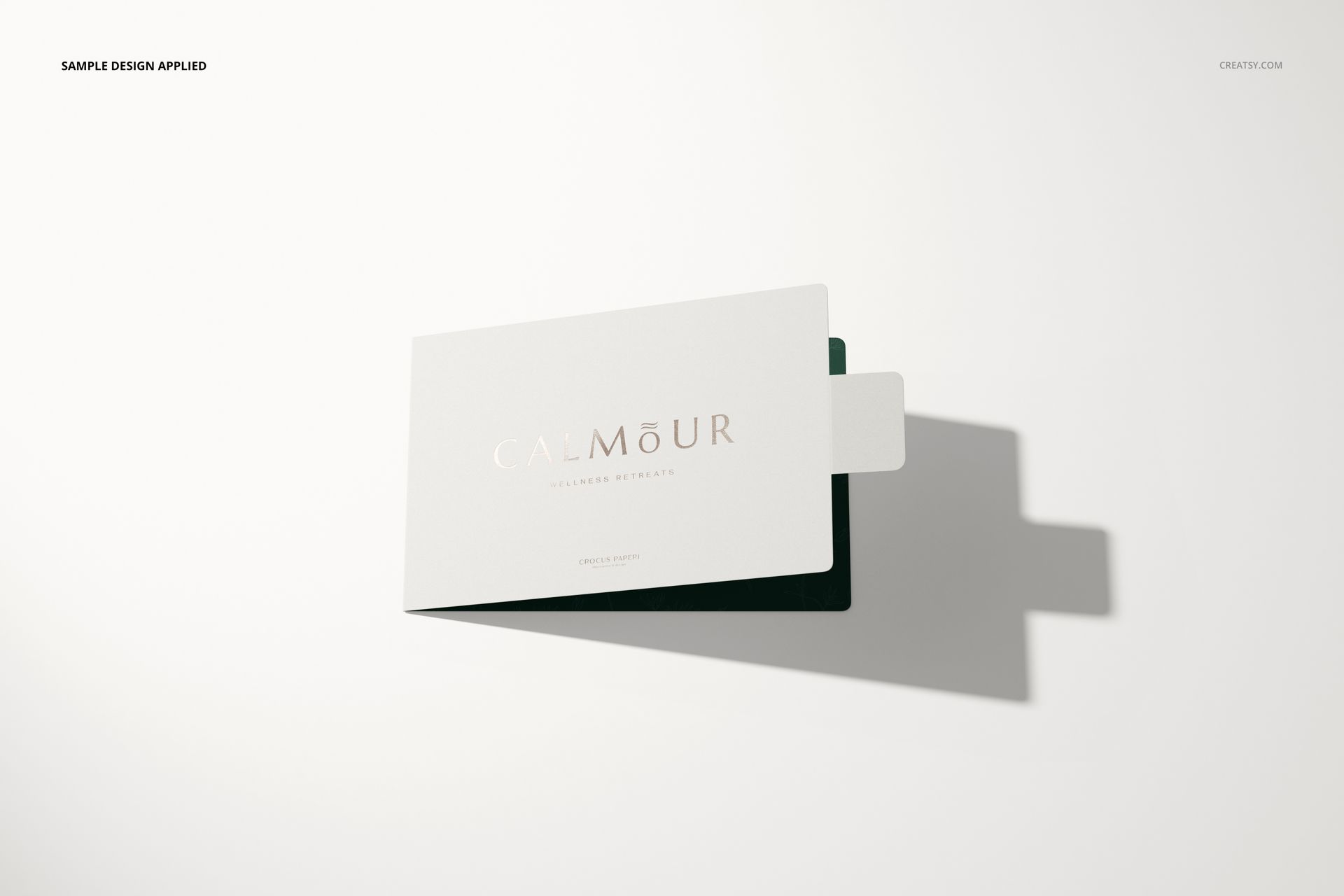 Front view of a gift card holder mockup with a white and dark green color scheme on a light background.