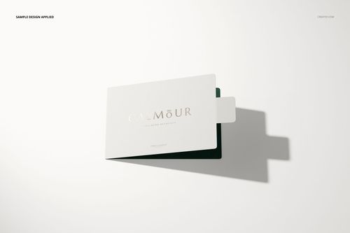 Front view of a gift card holder mockup with a white and dark green color scheme on a light background.