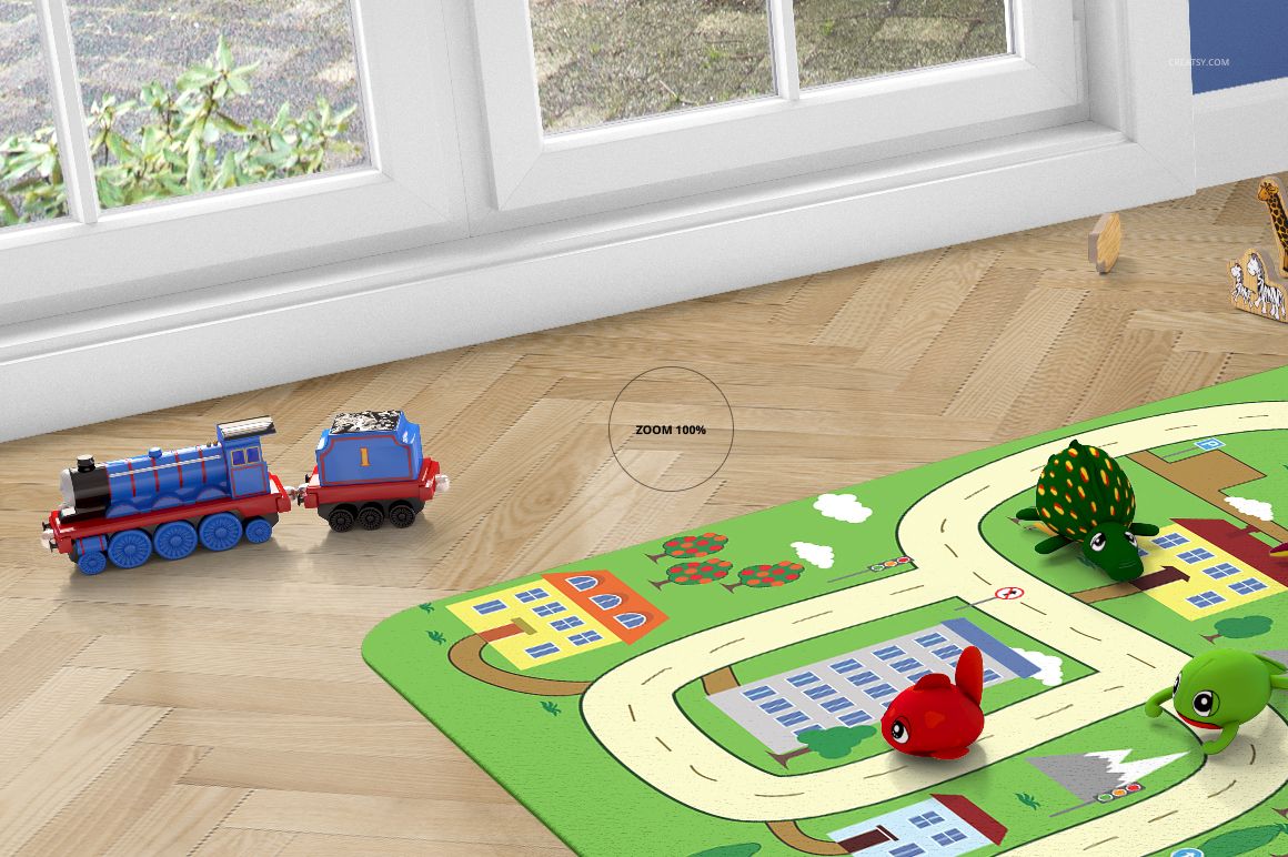 Perspective view of a kids room carpet mockup with a colorful road design, toy train, and animal figures on a wooden floor.