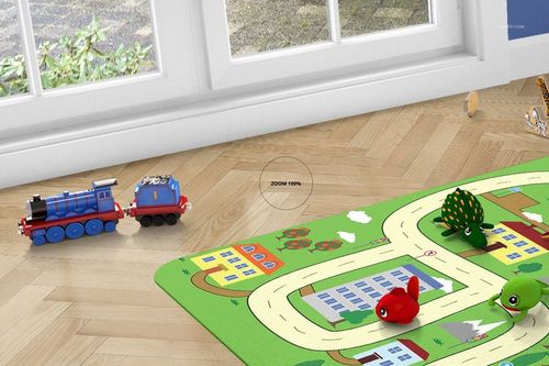 Perspective view of a kids room carpet mockup with a colorful road design, toy train, and animal figures on a wooden floor.