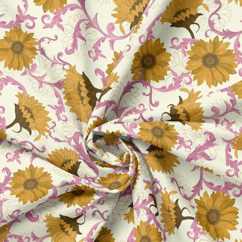 Creased fabric mockup featuring a sunflower and ornamental leaf pattern in yellow, brown, and pink on a light background.