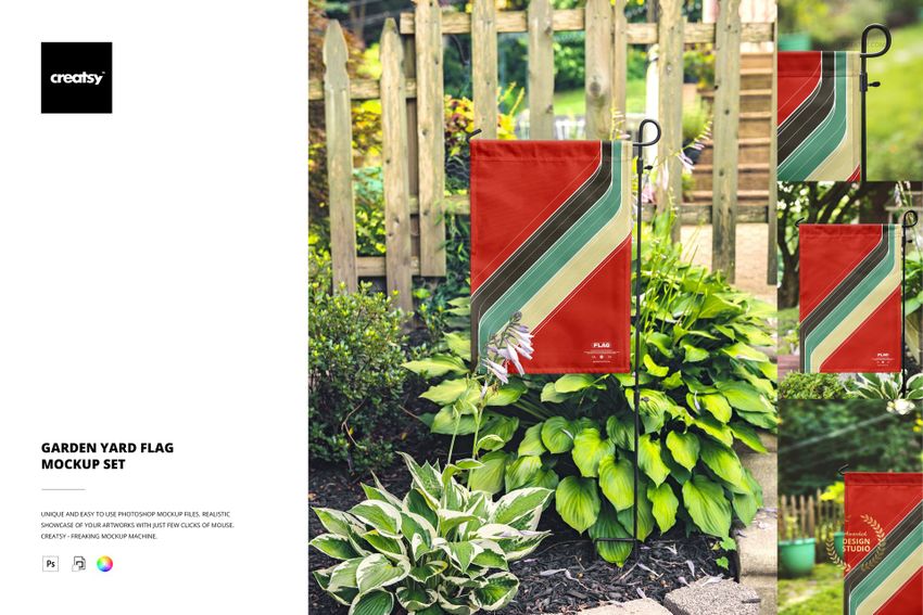 Outdoor garden flag mockup featuring bold diagonal lines in earthy tones, set in a vibrant yard with greenery and a wooden fence.