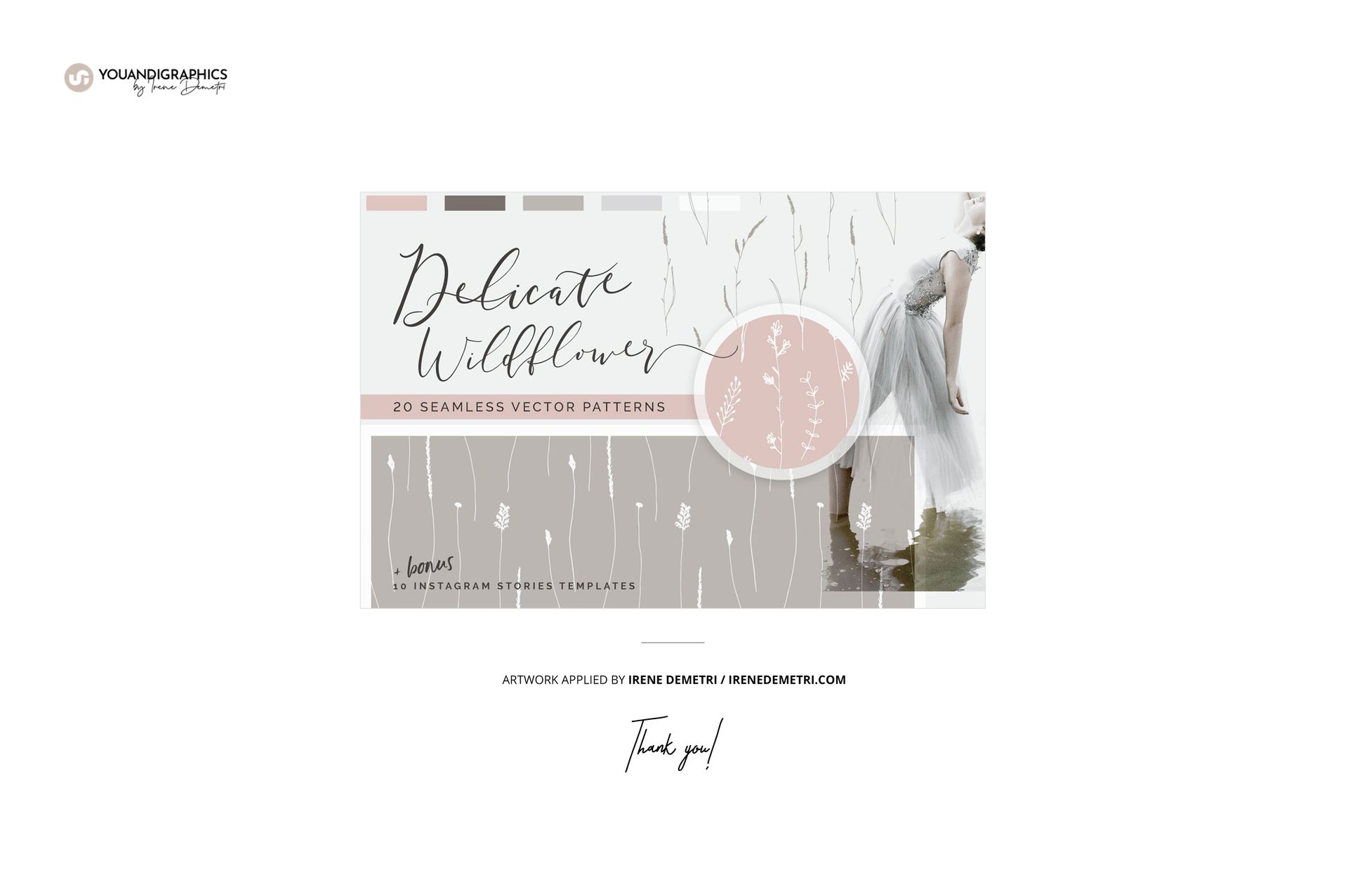 Fabric swatches mockup featuring rectangular samples with delicate wildflower patterns in neutral tones, front view.