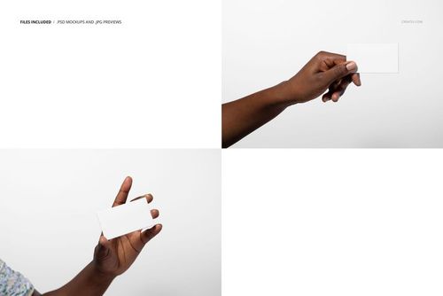 Female hand holding a blank business card against a white background, shown in a stationery mockup scene.