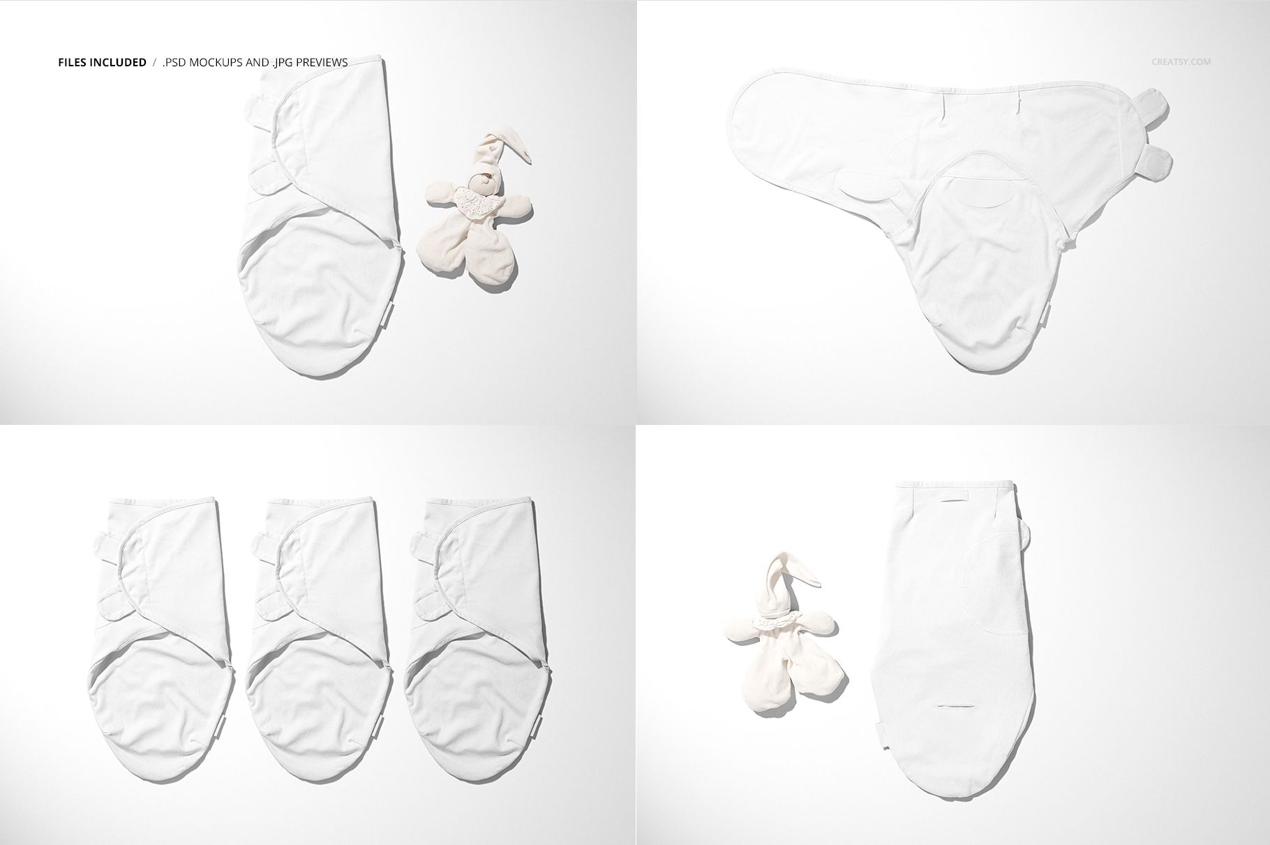 Adjustable baby swaddle wrap mockup set in white fabric, shown from multiple angles with a plush toy on a light background.