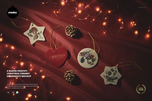 Christmas ceramic ornaments mockup featuring star, heart, round, and ornate shapes with festive designs on red background.