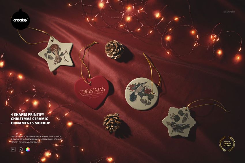 Christmas ceramic ornaments mockup featuring star, heart, round, and ornate shapes with festive designs on red background.