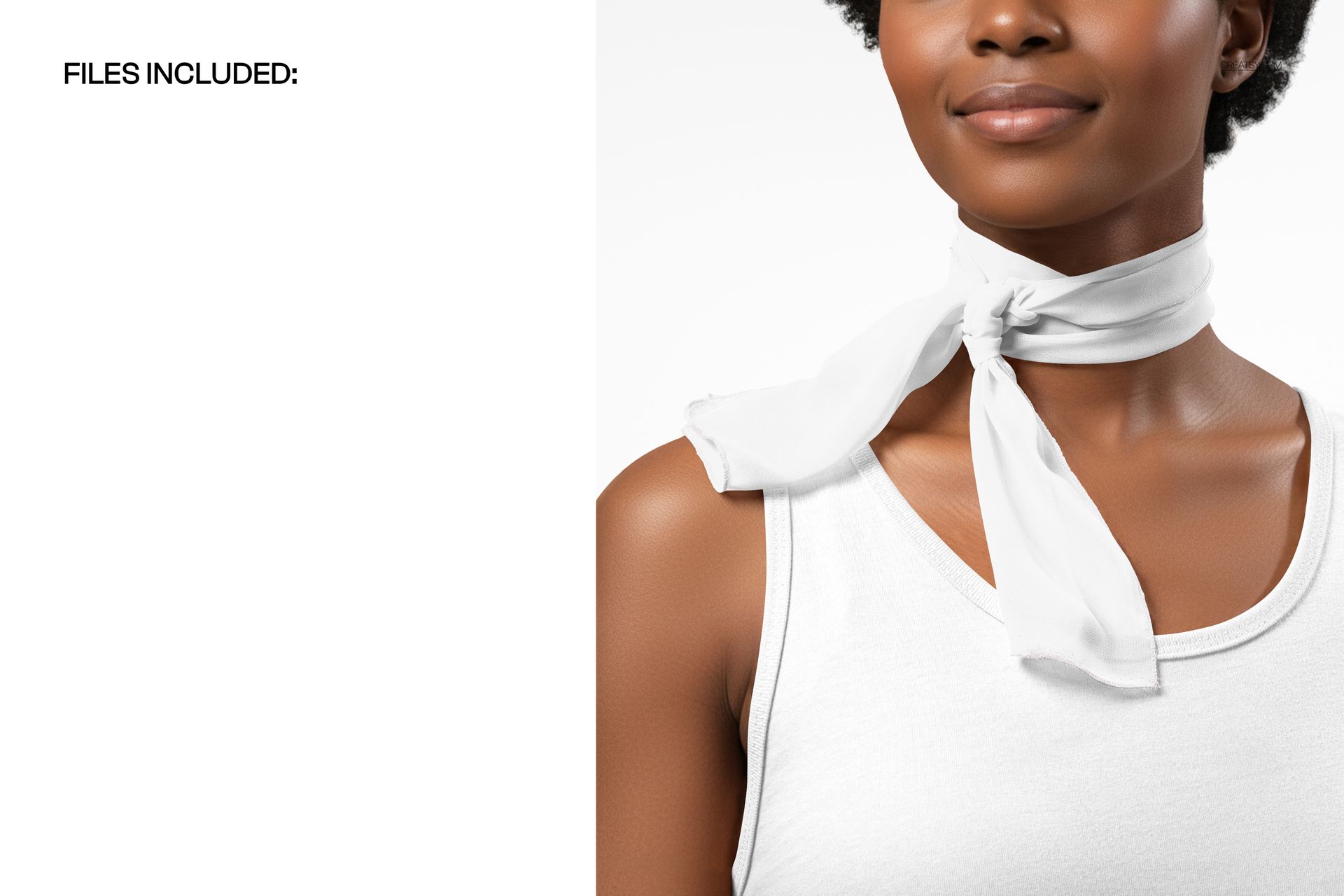 Front view of a white chiffon silk scarf mockup tied around the neck of a person wearing a white tank top.