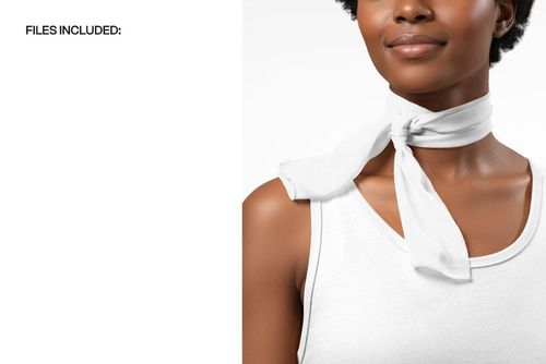 Front view of a white chiffon silk scarf mockup tied around the neck of a person wearing a white tank top.