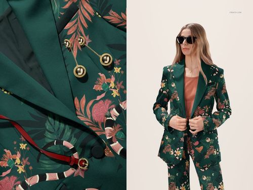 Elegant two-piece suit mockup featuring a green floral blazer and matching trousers, with gold buttons and accessories.