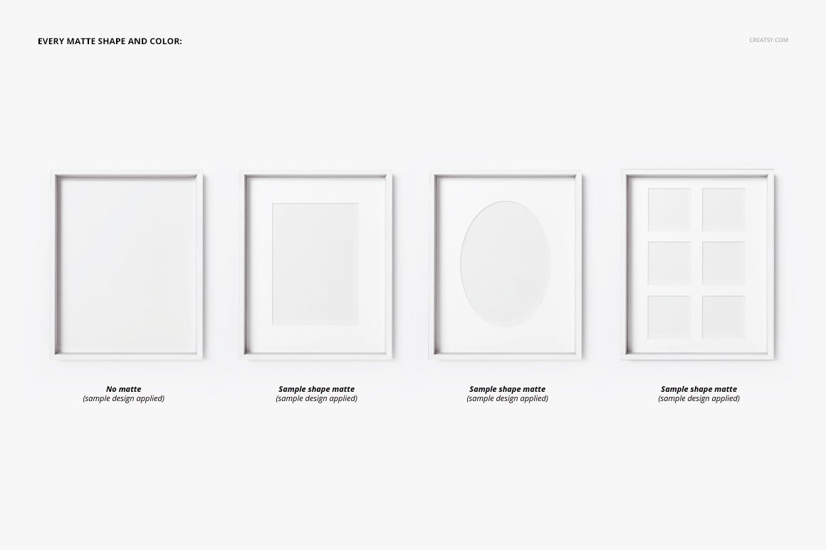 Picture Deep Frame Mockup set showing four white frames with assorted matte styles on a clean, light background.