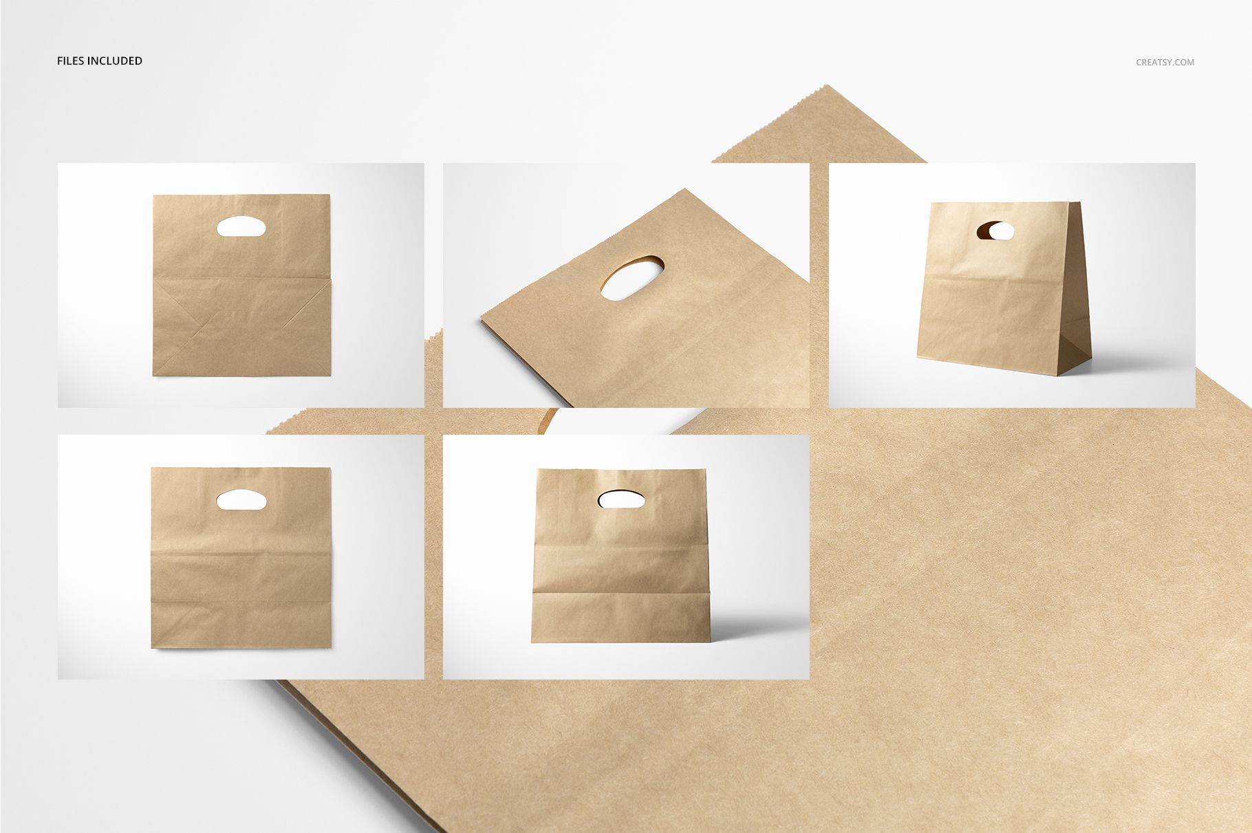 Die cut kraft paper bag mockup displayed in various perspectives, highlighting the brown texture and cutout handles.