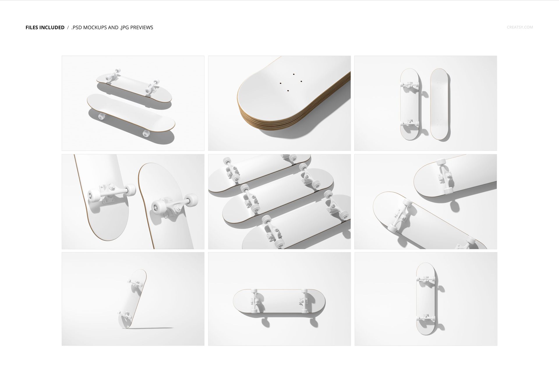 Set of skateboard deck mockups showing top, bottom, and angled views with white surfaces and realistic shadows.