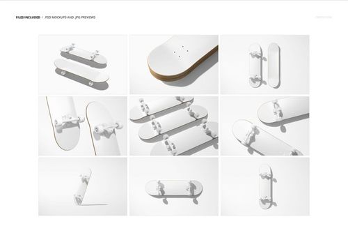 Set of skateboard deck mockups showing top, bottom, and angled views with white surfaces and realistic shadows.