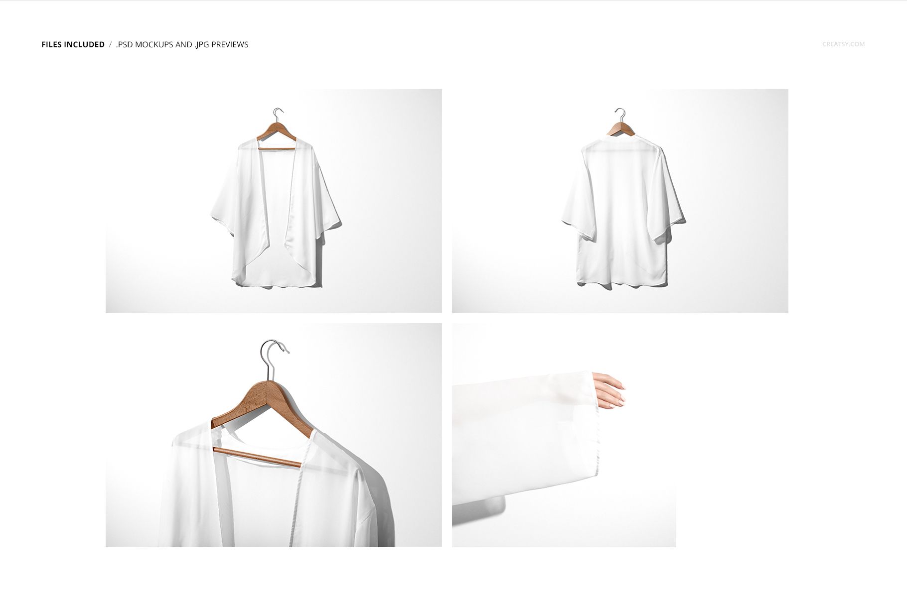Set of white chiffon kimono mockups with front, back, and sleeve views, each on a hanger or modeled on an arm.