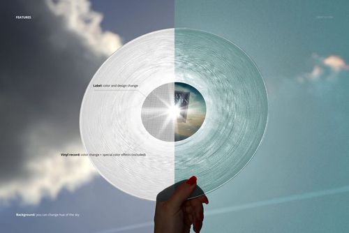Front view of a person’s hand displaying a clear vinyl record mockup outdoors, set against a partly cloudy sky.