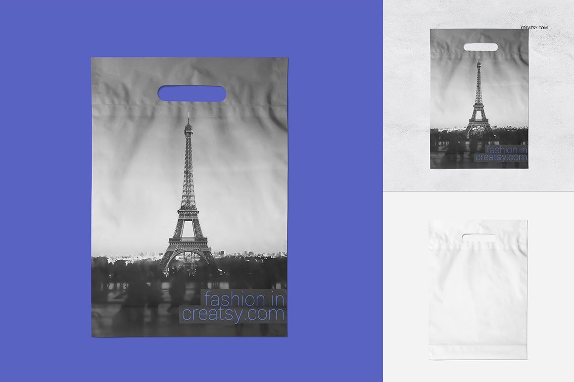 Front view of three plastic bags mockup with die-cut handles, featuring grayscale Eiffel Tower artwork and plain backgrounds.