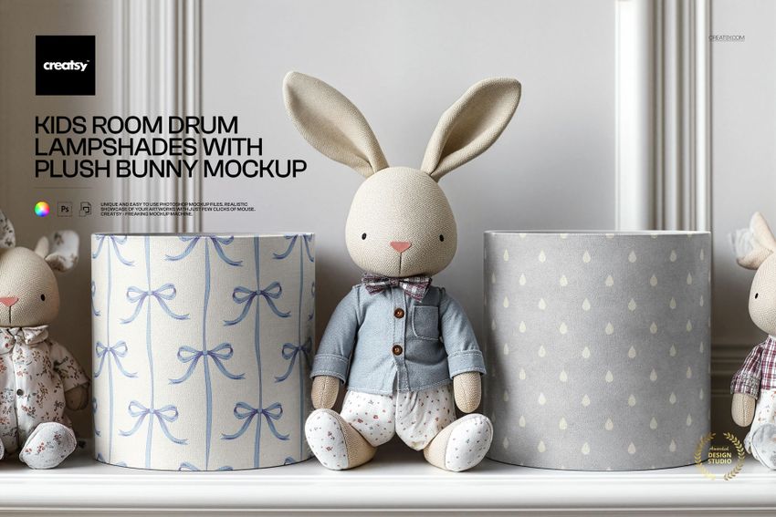 Kids Room Drum Lampshades with Plush Bunny Mockup - mockup screenshot 1